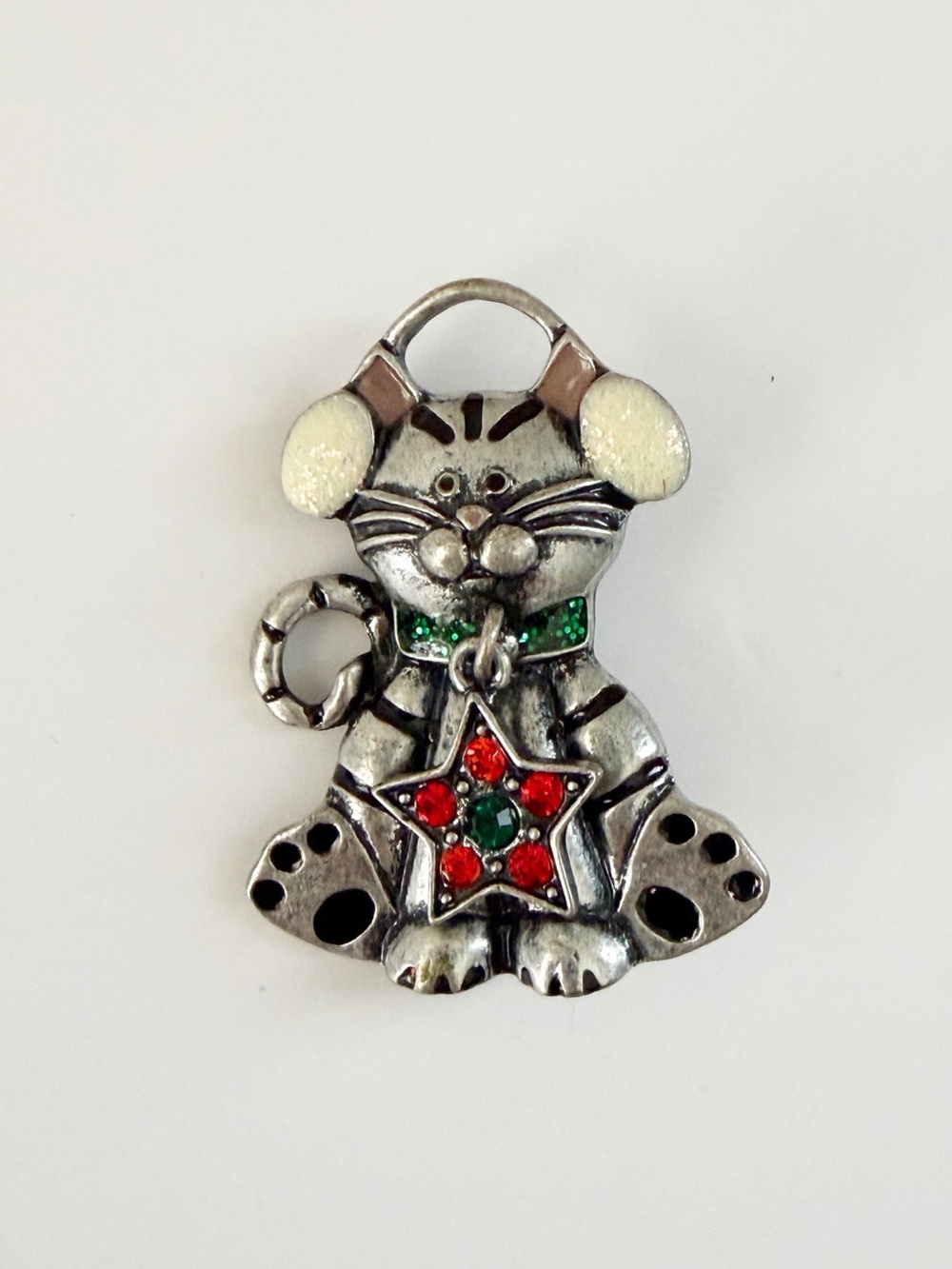 Vintage Cat Dangle Star Winter Holiday Silver Tone Signed KC Brooch Pin